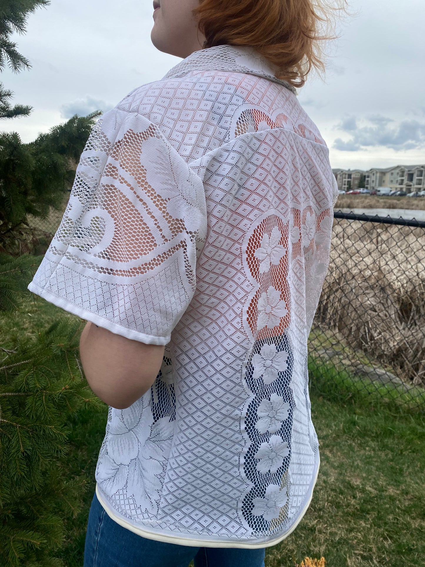 Vintage Lace Tablecloth Collared Shirt